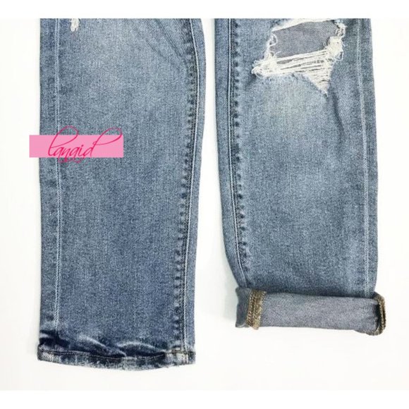 American Eagle Stretch Tomgirl Jeans Slashed Sky Destroyed Ripped BF Boyfriend 0 - Picture 10 of 14